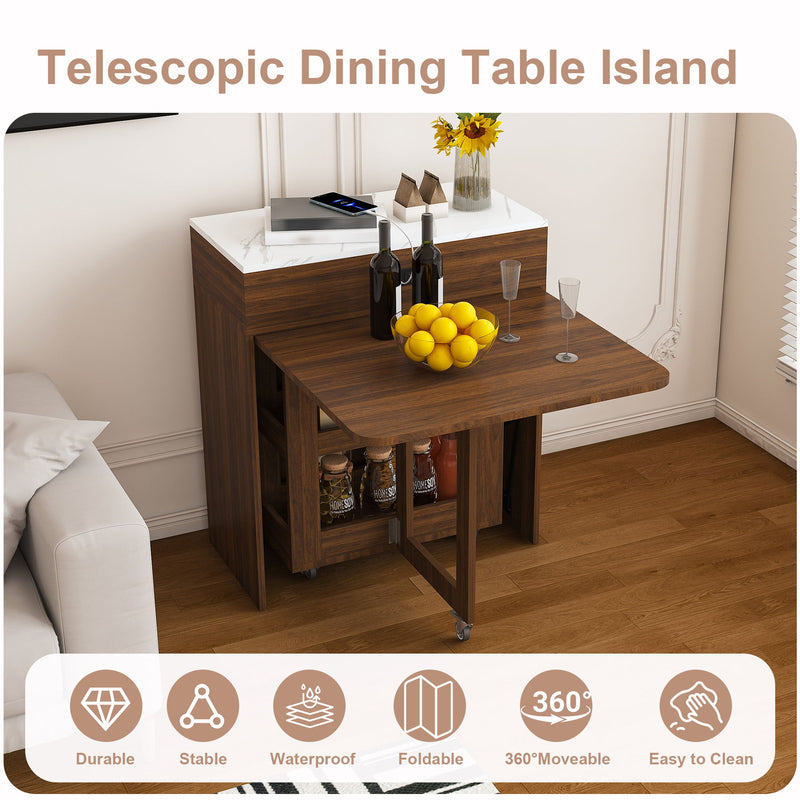 Extendable Dining Table With Power Socket, Lockable Casters, Storage Cabinet