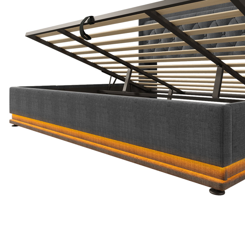 Upholstered Bed, 360 Surround LED Function, Remote Control, Hydraulic Storage Bed With USB, Type-C Charging (Without Mattress)