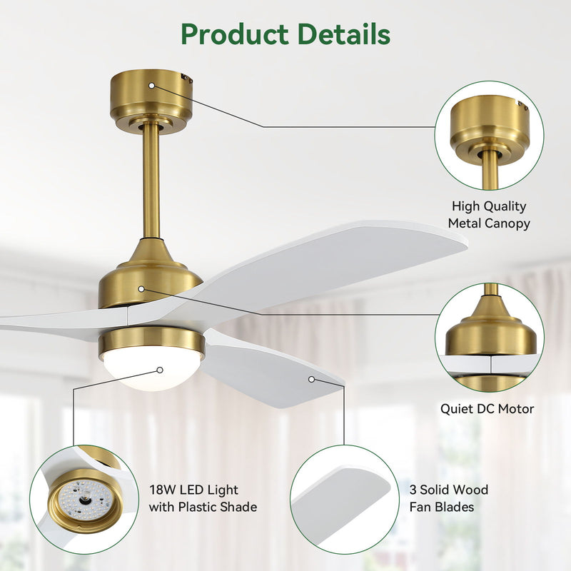 52" Ceiling Fan With Light And DC Motor, Flush Mount / Downrod, Ideal For Living Room - Gold / White