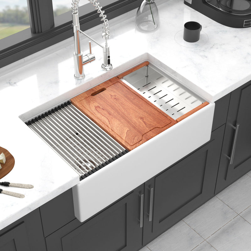 Farmhouse Sink Workstation 33" Ceramic Double Bowl Kitchen Sink With Ledges - White