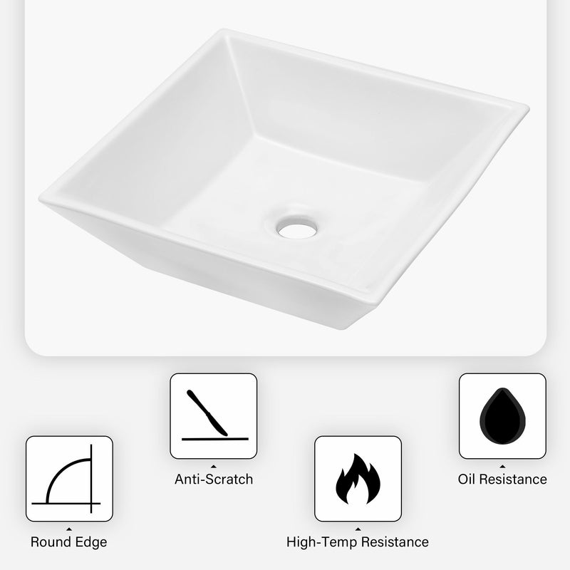 16" 6" Modern European Square Vessel Sink Glossy Porcelain Bathroom Vanity Top Above Counter Ceramic Basin - White