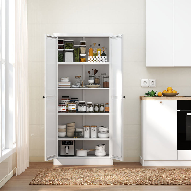 Kitchen Pantry Cabinet Adjustable Storage With 4 Shelves, Heavy Duty Freestanding Pantry Organizer - White