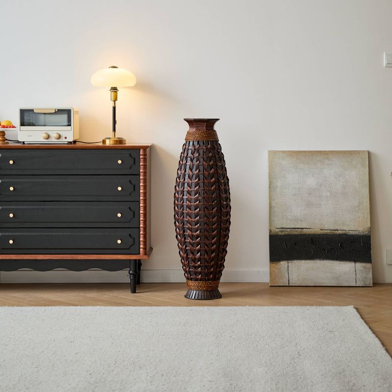 Hand Woven Bamboo Floor Vase, Decorative Accent For Living Room - Acacia Wood