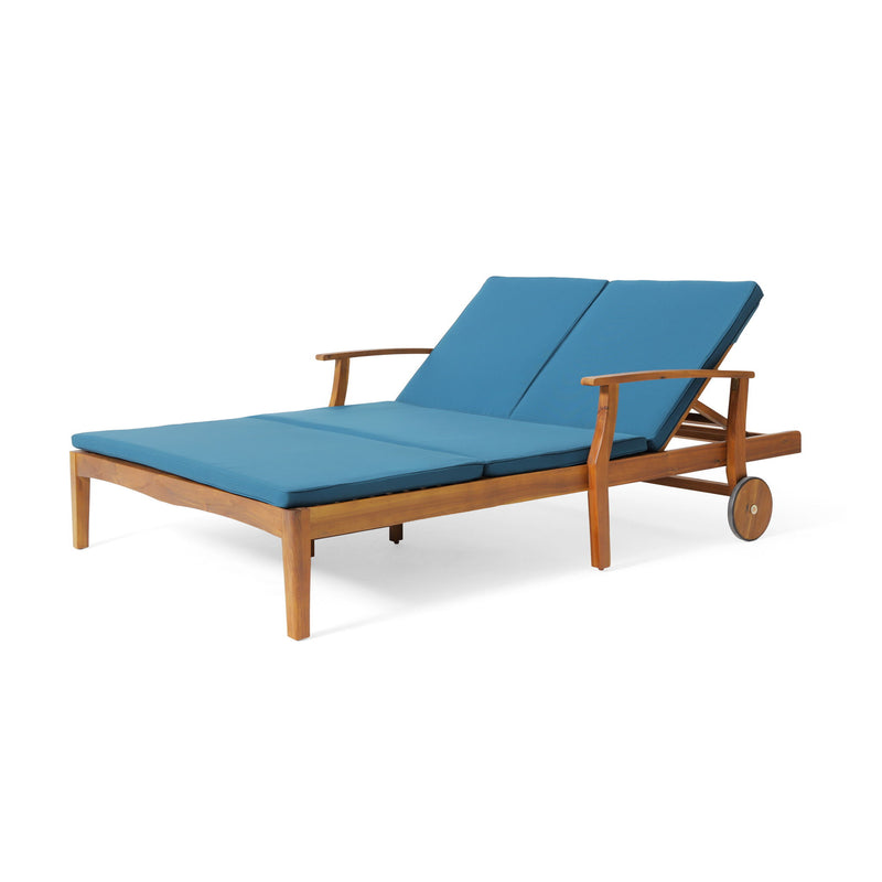 Etherealize - Outdoor Adjustable Double Chaise Lounge With Water Resistant Cushions - Teak / Blue