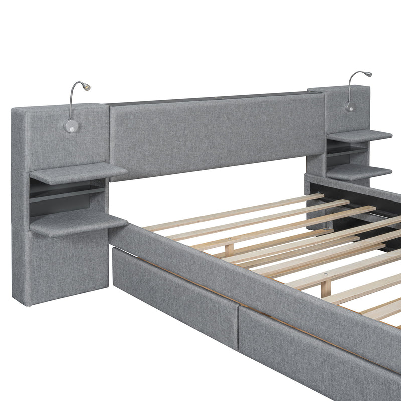 Upholstered Platform Bed With Reading Lights, Drawers, Trundle And Shelves