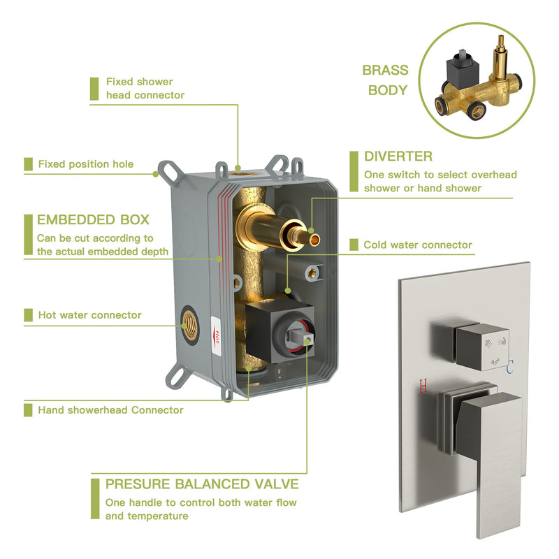 Square Shower System With Waterfall Tub Spout And Rough In Valve, Wall Mounted