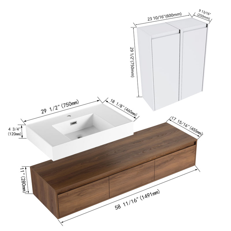 Wall Mounted Bathroom Vanity With Resin Sink And 2 Side Cabinet, 3 Soft Close Drawer - Brown Ebony