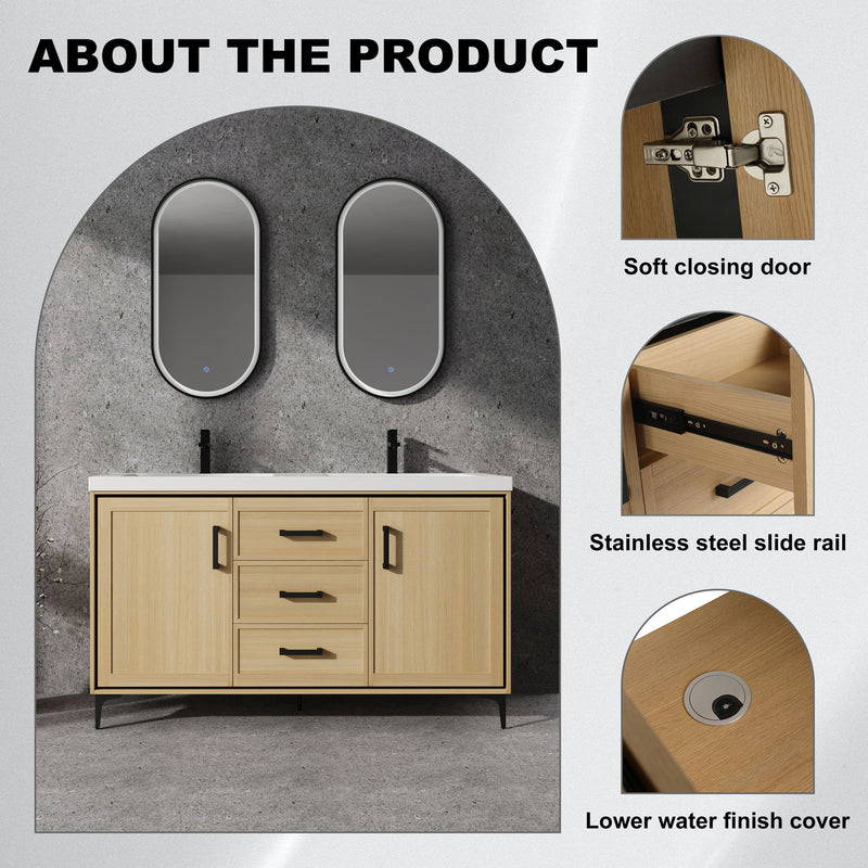 Original 60" Freestanding Bathroom Vanity With Double Resin Sink Plywood Soft Closing Doors & Drawers - Oak