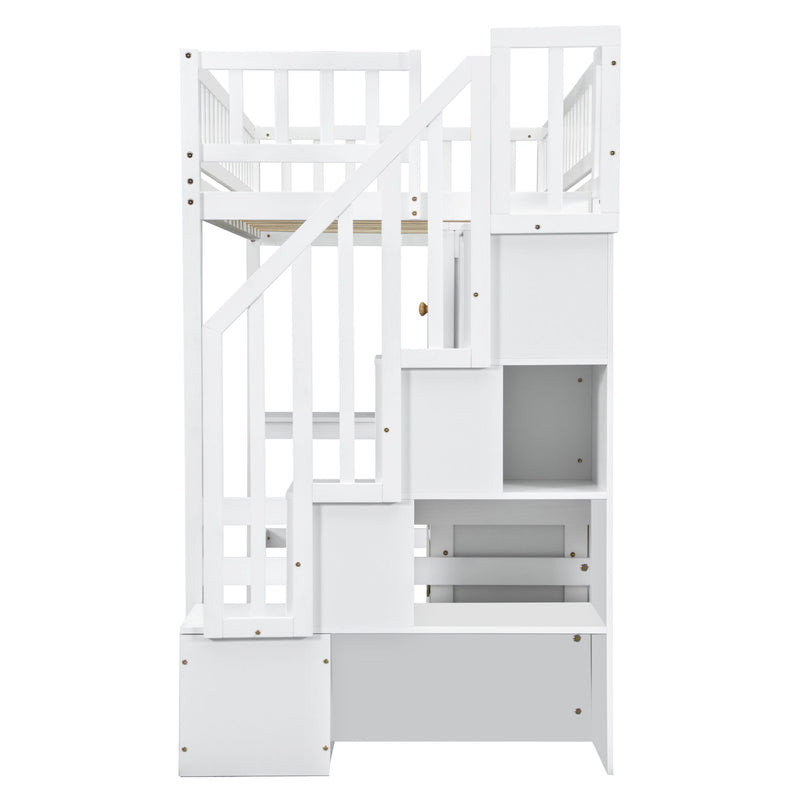 Loft Bed With Built In L Shaped Desk, LED Lights, Storage Shelves, Cabinets, And Staircase