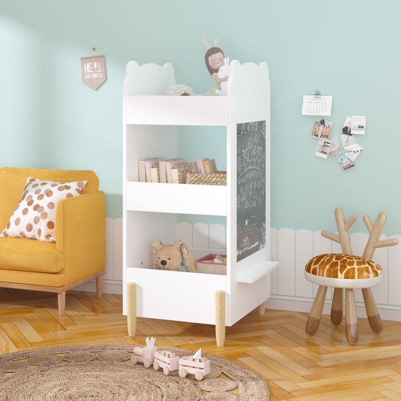 Bear Shaped Bookshelf With Chalkboard Side, 3 Tier Storage Organizer For Playroom - White