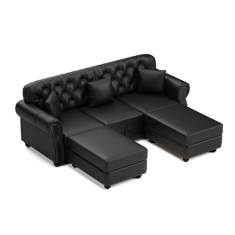 Upholstered Sofa With Nailhead Trim, Rolled Armrests With Ottoman