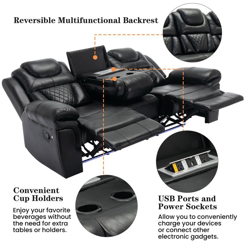 3 Pieces Recliner Sofa Sets Home Theater Seating Manual Recliner Chair With Center Console And LED Light Strip For Living Room