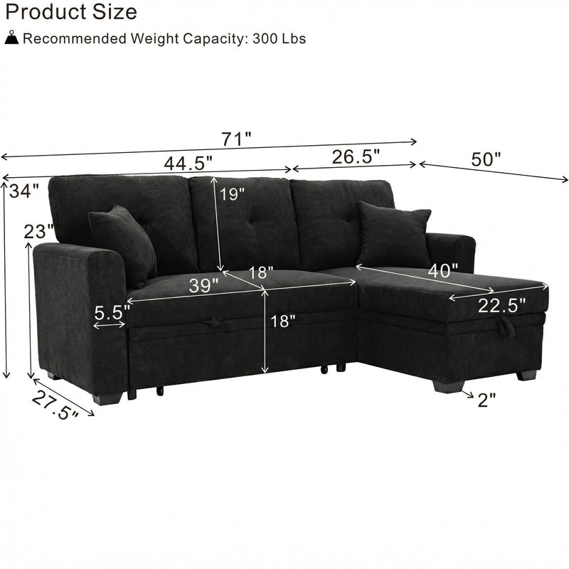 Sleeper Sectional With Pull Out Bed, Reversible Chaise