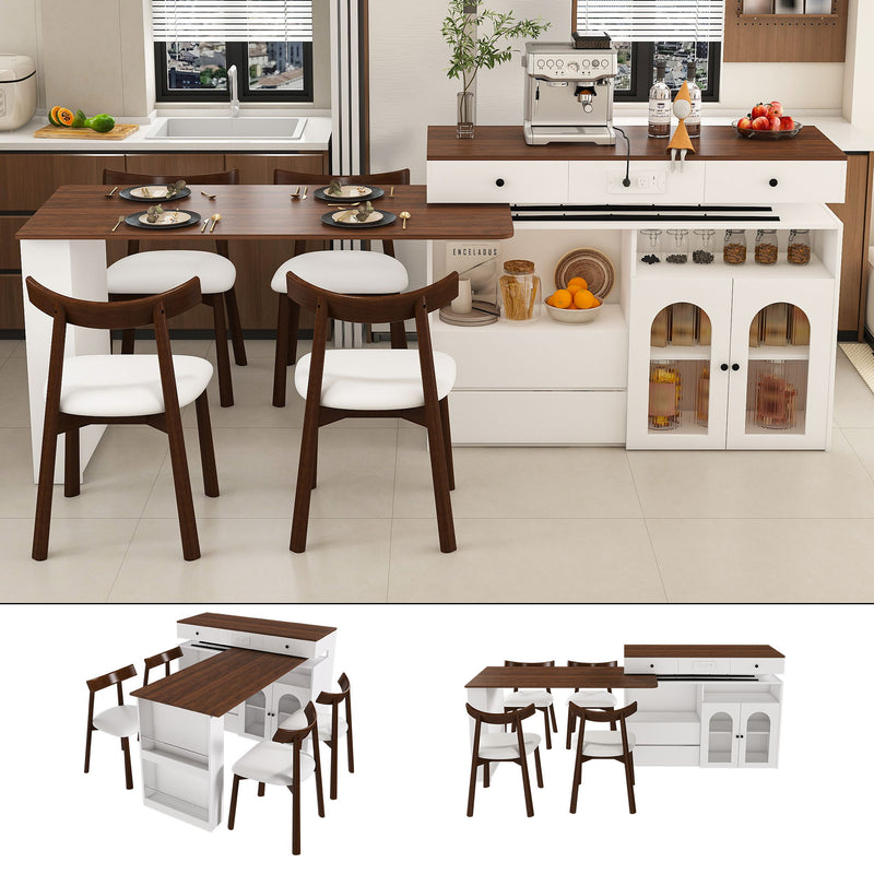 Retro Kitchen Island Set With Chairs, Extendable & Rotating Table, 4 Drawers & Door Cabinets