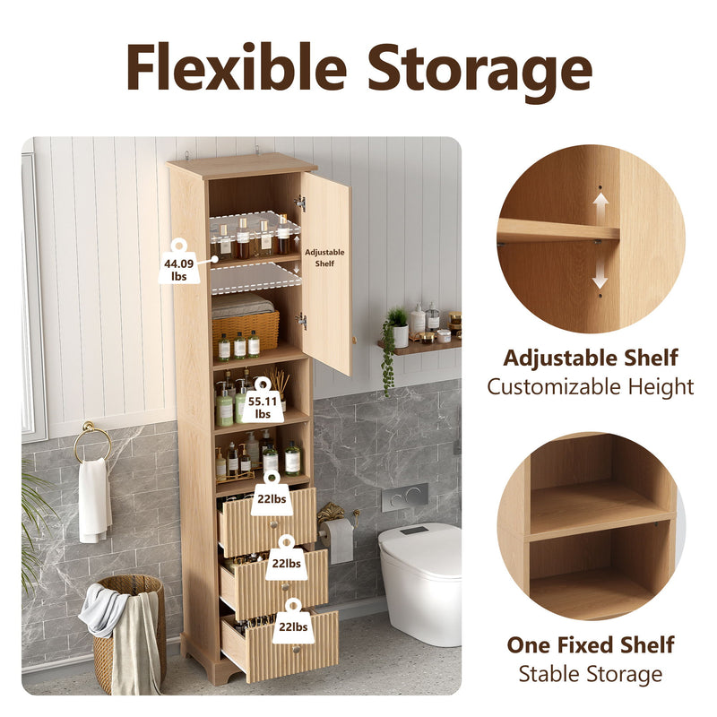 Tall Bathroom Cabinet With 1 Door, 3 Drawers, Open Storage - Wood