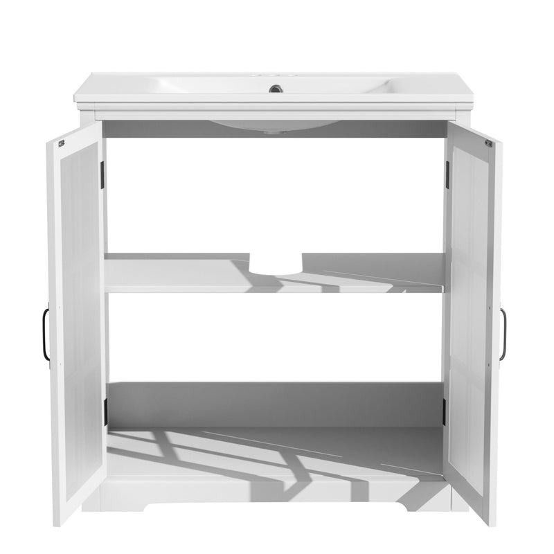 Modern Bathroom Vanity With Ceramic Sink, Tempered Blurred Glass Doors