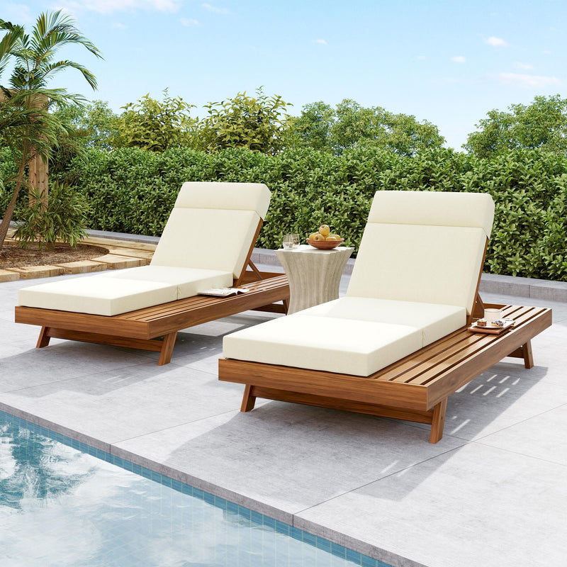 Acacia Wood Lounge Chaise Set With Headrest And Water Resistant Cushions - Beige