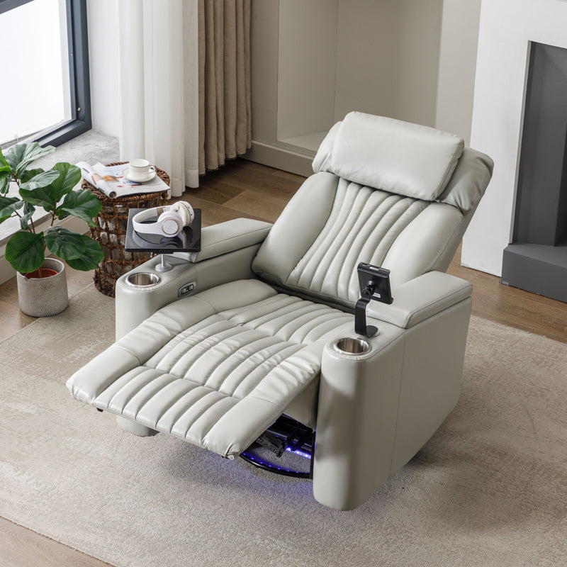 270° Power Swivel Recliner Home Theater Chair With Hidden Arm Storage, LED Light, Cup Holder, And Tray Table
