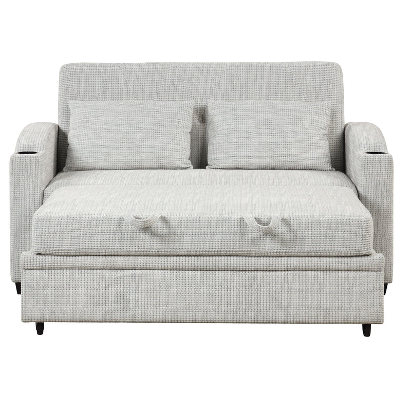 Pull Out Loveseat Sofa With Adjsutable Backrest, 2 Pillows, Cup Holders, USB Ports For Living Room