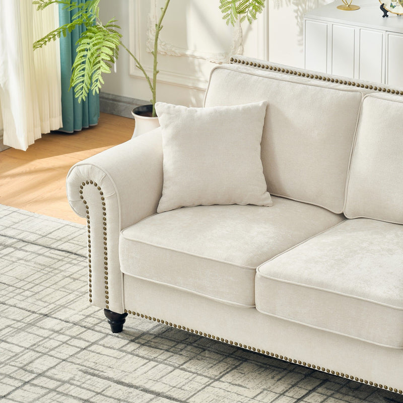 3 Seater Sofa With Tufted Upholstery, Rolled Arms, Nailhead Trim