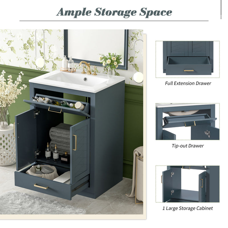 Modern Bathroom Vanity With Integrated Ceramic Sink, 2 Door Cabinet With Tip-Out Drawer