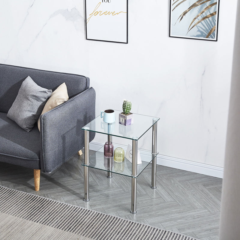 Modern 2 Piece Side Table With Storage Shelf, Tempered Glass, Space Saving Design - Clear