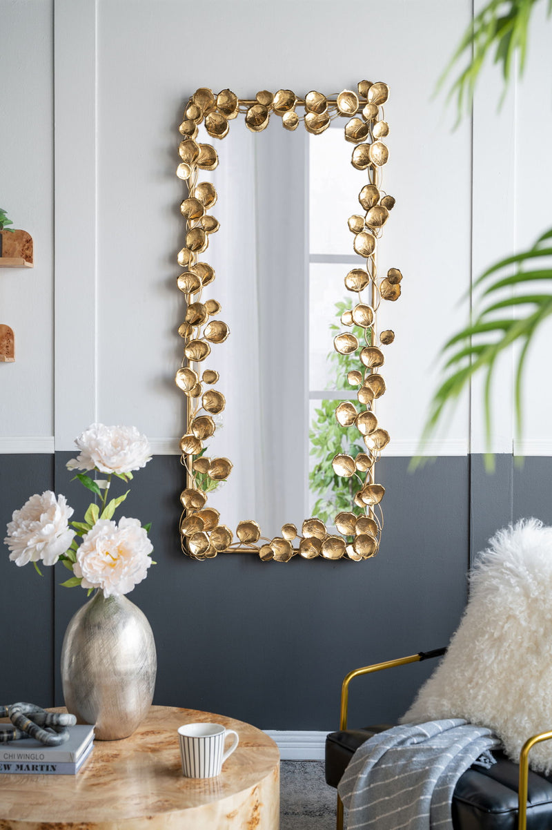 Full Length Mirror With en Leaf Accents, Floor Miiror For Living Room Bedroom - Gold
