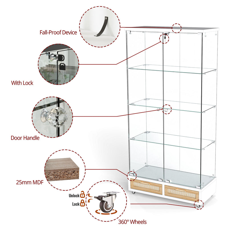 Glass Display Cabinet With LED Lights, Tempered Glass Doors, Large Drawers, 2 Door Storage Case With 4 Shelves - Natural / White