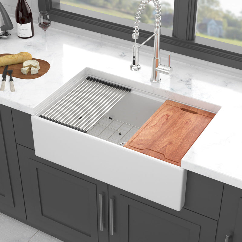 Farmhouse Sink Workstation, Ceramic Single Bowl With Accessories