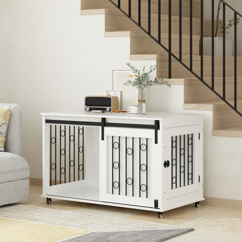 Dog Crate With Sliding Barn Door And Side Access, Lockable Wheels For Small To Medium Dogs - White