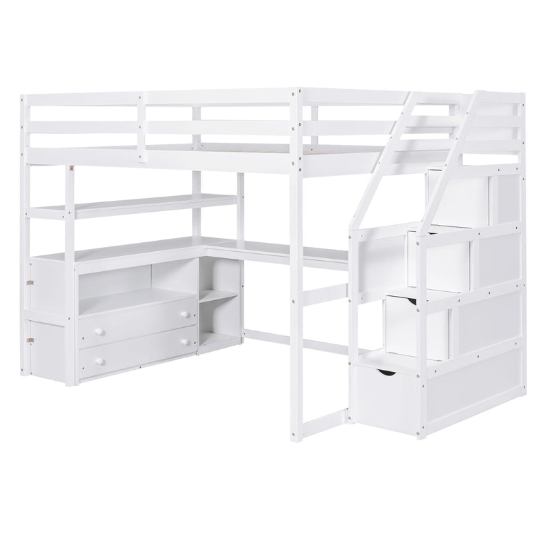 Loft Bed With Desk, Shelves, 2 Drawers, Storage Staircase