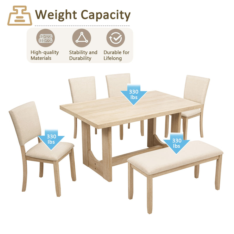 6 Piece Rectangular Kitchen Table Set With Bench And 4 Upholstered Chairs For Kitchen - Light Oak