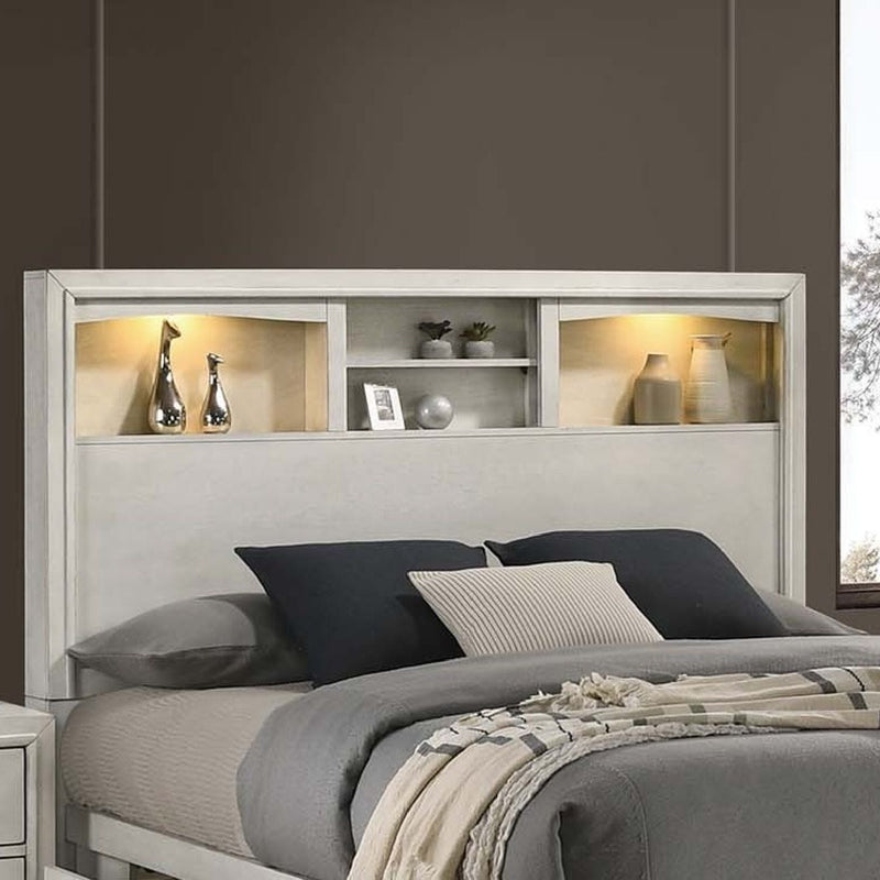Bed Set With Storage Drawers, Open Shelves, And Built In LED Lighting