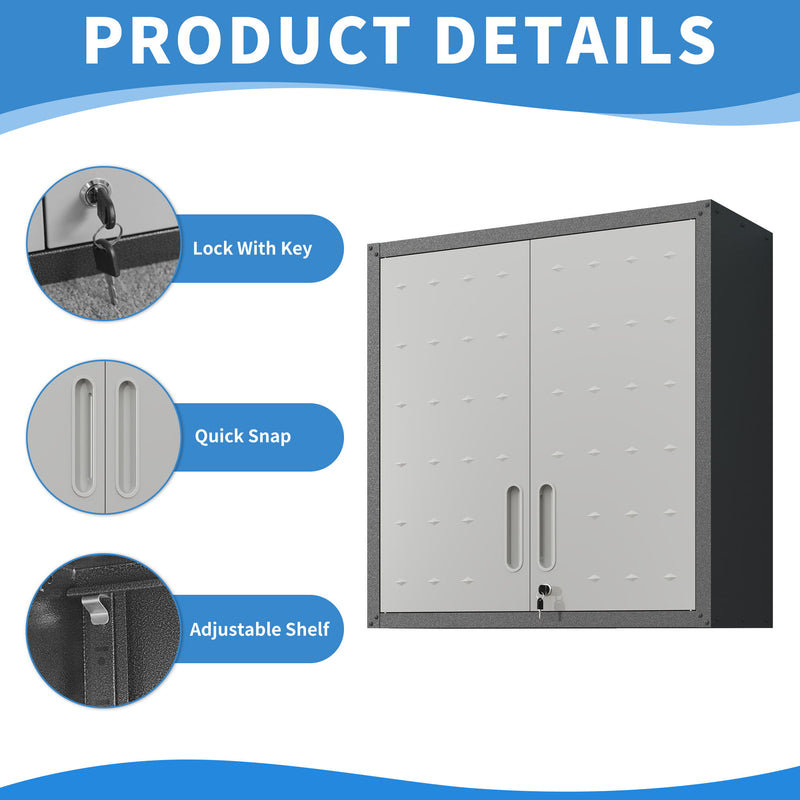 Metal Wall Mounted Tool Storage Cabinet With 2 Locking Doors, Adjustable Shelf, And Drawer