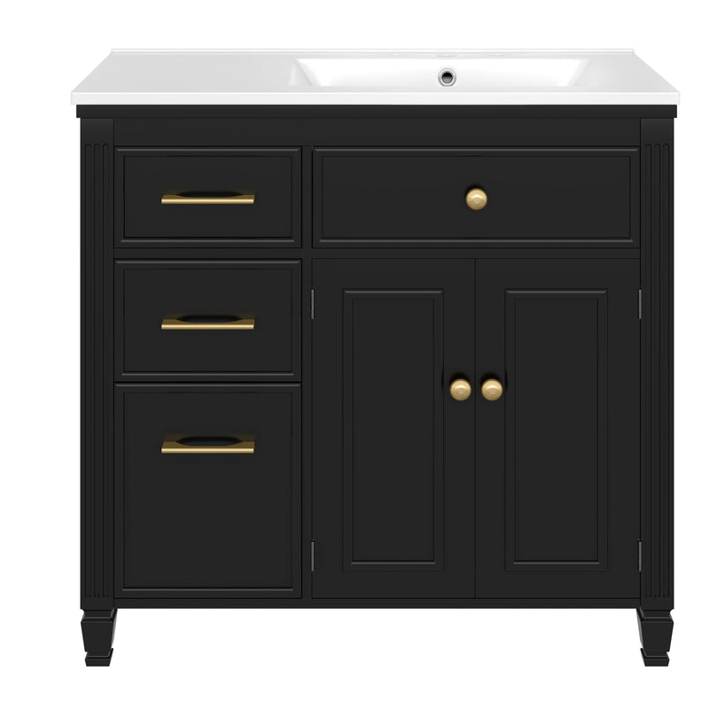 Modern Bathroom Vanity With Ceramic Sink, Freestanding, One Tip Out Drawer, 3 Side Drawers, Adjustable Shelf