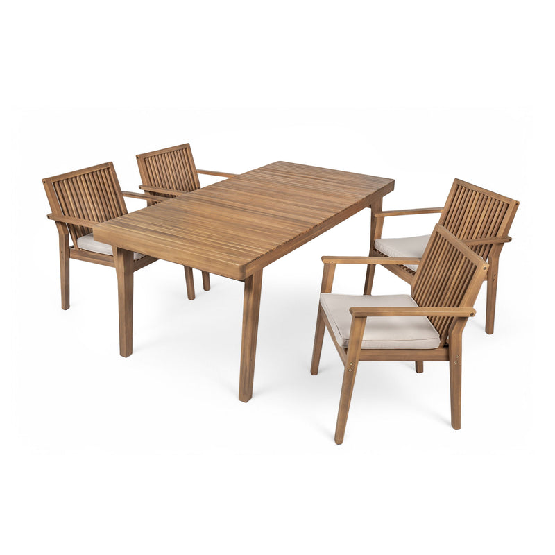 5 Piece Patio Furniture Set Acacia Wood Table And 4 Heavy Duty Cushioned Chairs