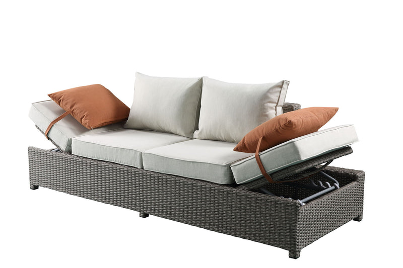 Salena - All Weather Wicker Patio Sofa & Ottoman With 2 Toss Pillows - Gray / Beige
