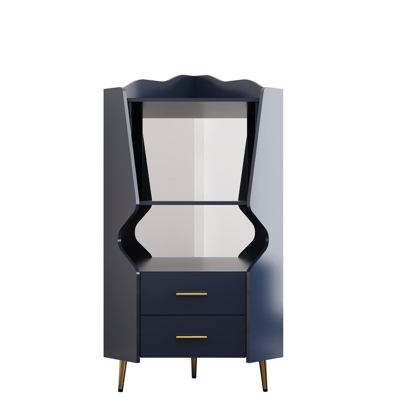 Corner Bar Cabinet With Mirrored Back, 2 Open Shelves & 2 Drawers, High Legs For Easy Cleaning