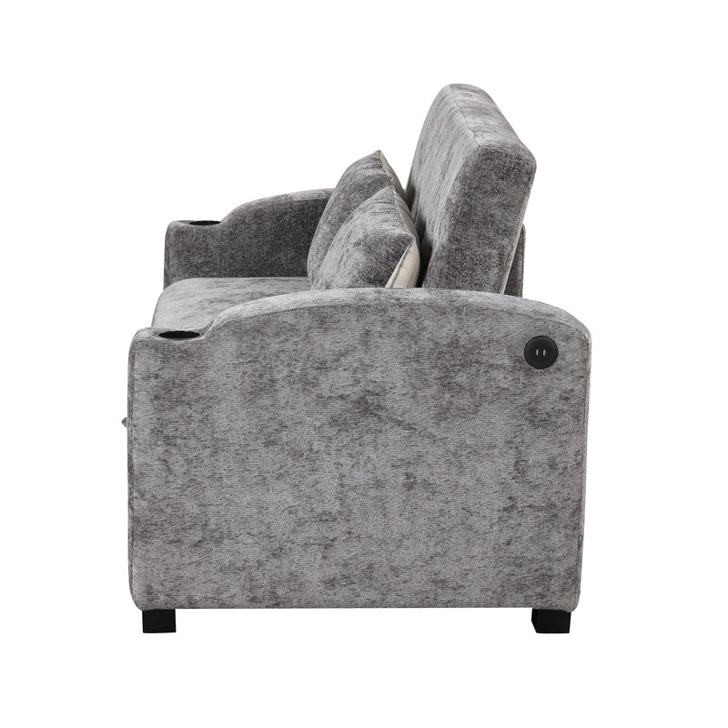 Pull Out Loveseat Sofa With Adjsutable Backrest, 2 Pillows, Cup Holders, USB Ports For Living Room