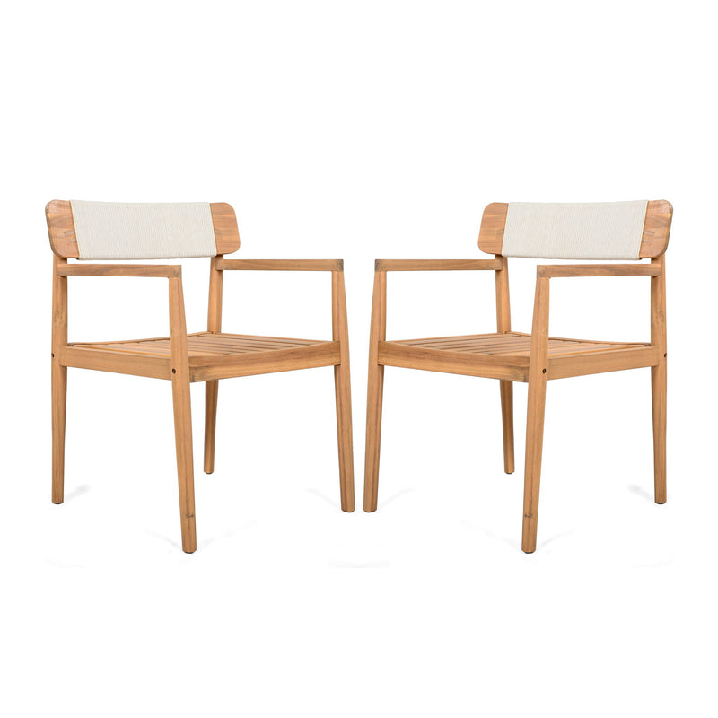 Creative Braided Acacia Wood Outdoor Dining Table And Chairs With Armrests (Set of 2) - Teak / White