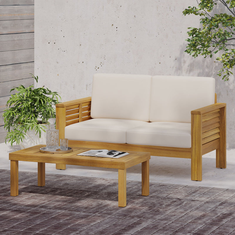 Acacia Wood Loveseat And Coffee Table Set With Cushions