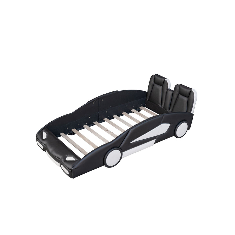 Race Car Shaped Twin Platform Bed With Wheels, Pine Wood Construction