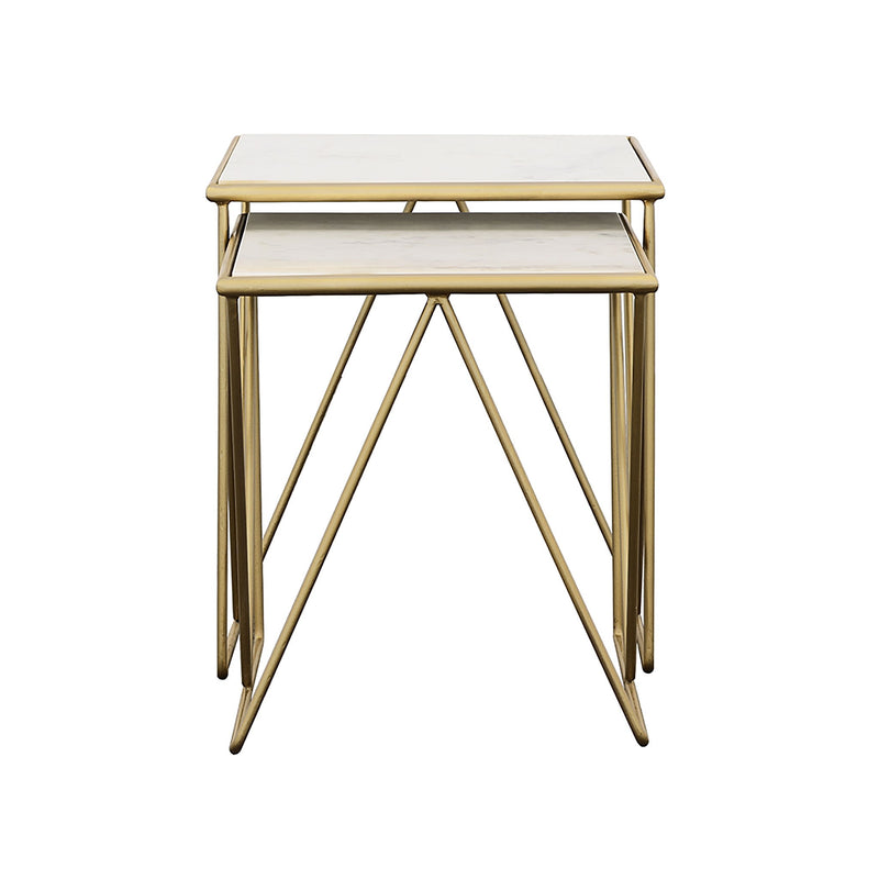 Sinclair - 2 Piece Nesting Table Set With Iron And Luxurious Marble Surface - White / Gold