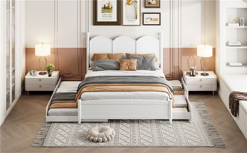 Queen Size Platform Bed With With 2 Big Drawers, Twin Long Size Trundle - White