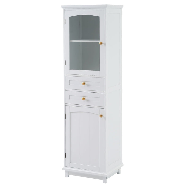 Tall Bathroom Storage Cabinet With Glass Doors, Free-Standing, Two Drawers, And Adjustable Shelves, Board, Painted Perfect For Displaying Your Favorite Items