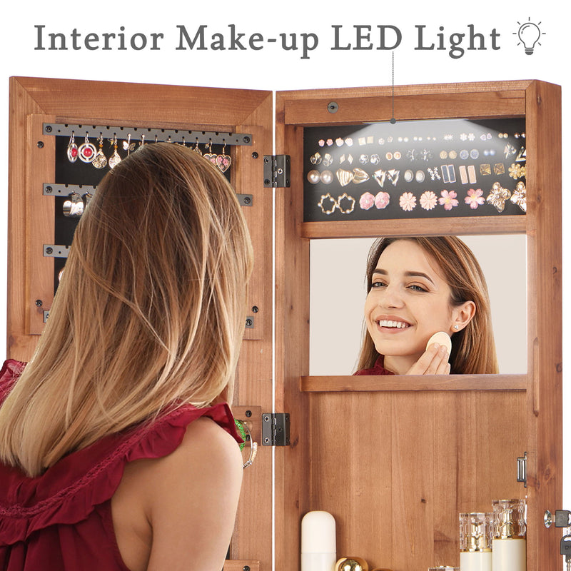 Jewelry Armoire Organizer With Full Length Mirror, Wall Mounted Lockable Cabinet With LED Light
