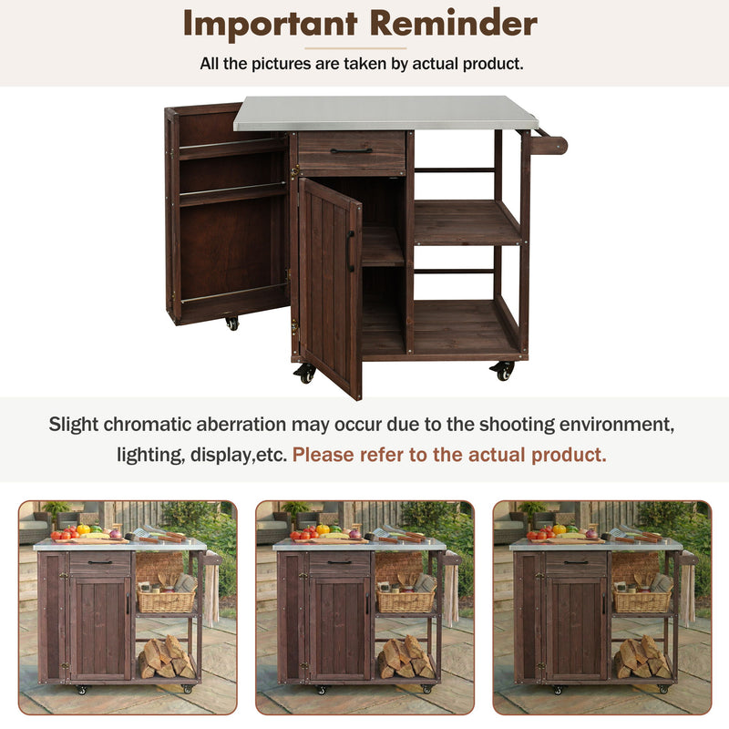 Outdoor Kitchen Island Prep Station With Lockable Wheels, Ample Storage, Towel & Spice Racks