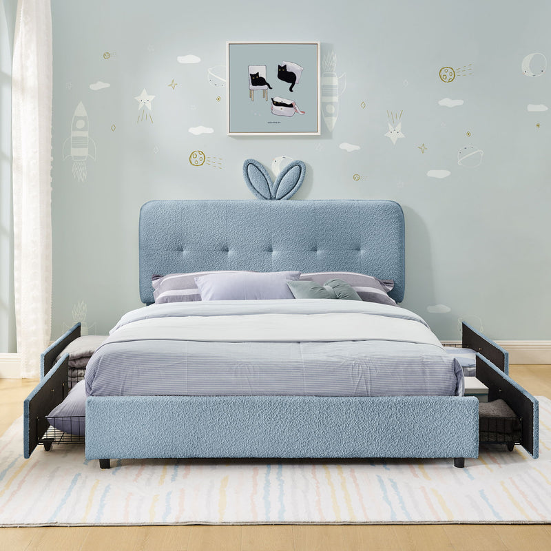 Upholstered Bed With Oversized Rabbit Ear Headboard, LED Lights & 4 Storage Drawers