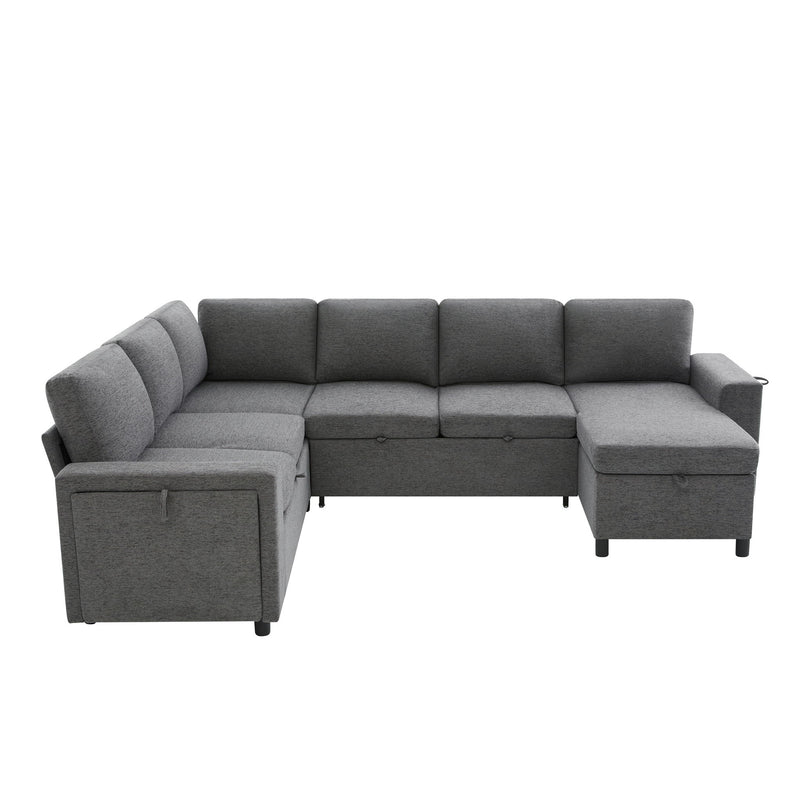 U - Shaped Convertible Sectional Sofa Bed With Storage, USB Charger & Cup Holders
