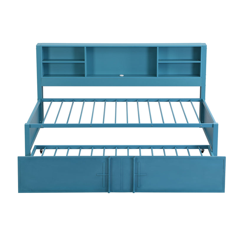 Industrial Metal Daybed With Trundle, Storage Shelves, USB Ports